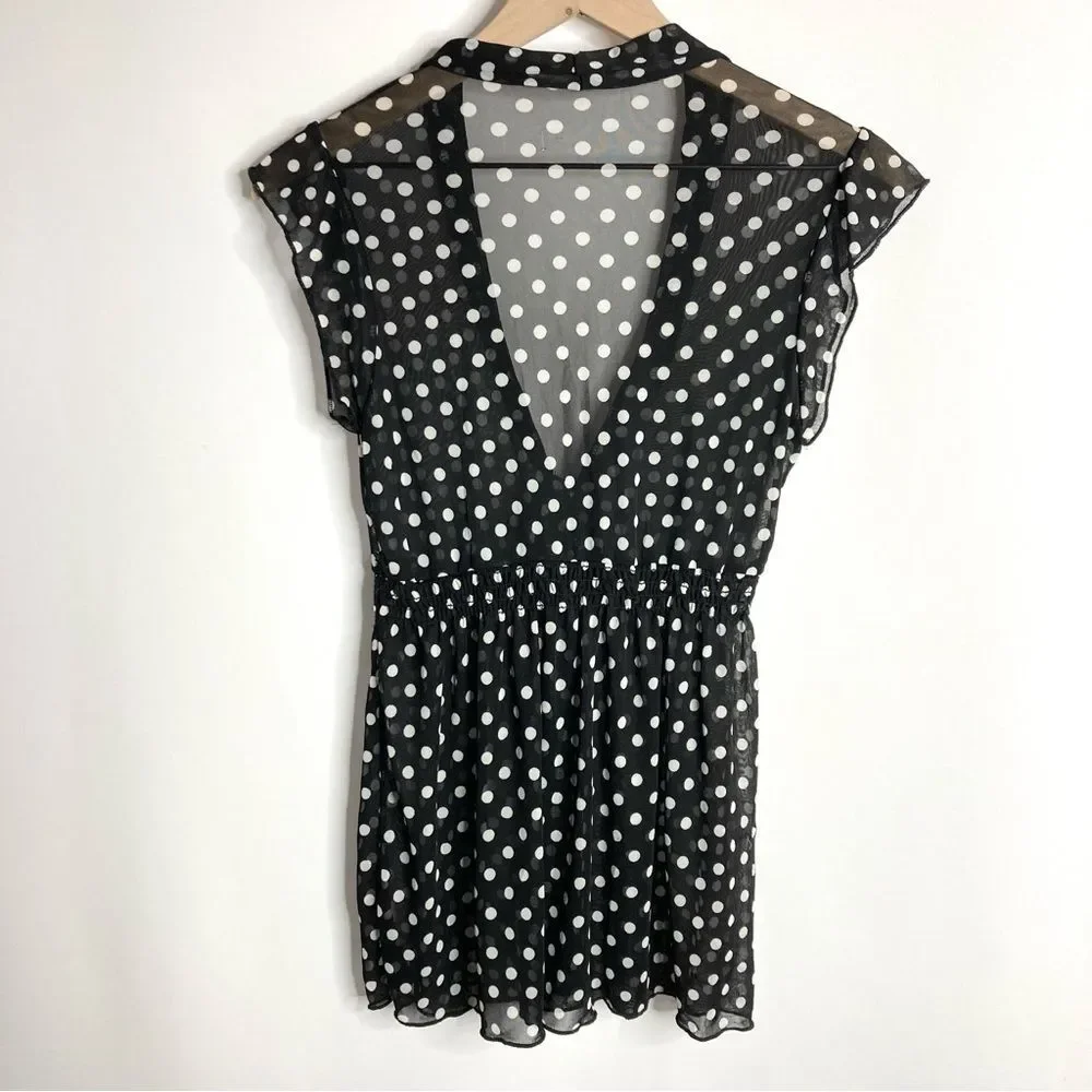 Y2K Lashes Mesh Blouse Black White Polka Dots Deep V Neck Small